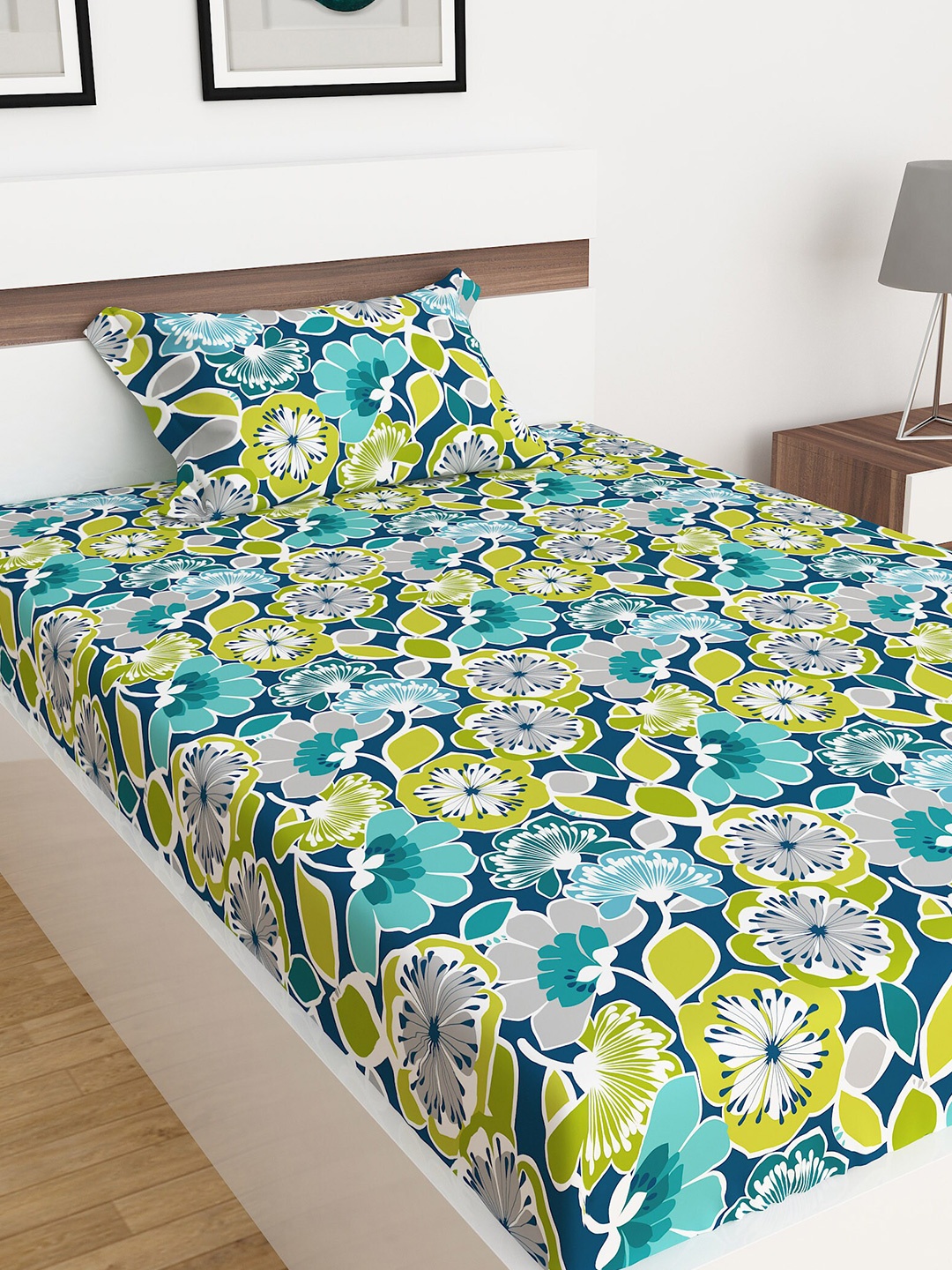 

Home Centre Teal & Green Floral Printed 144 TC Single Bedsheet with 1 Pillow Covers
