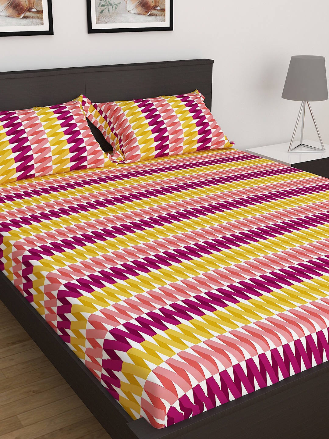 

Home Centre Pink & Yellow 180 TC Cotton King Bedsheet with 2 Pillow Covers