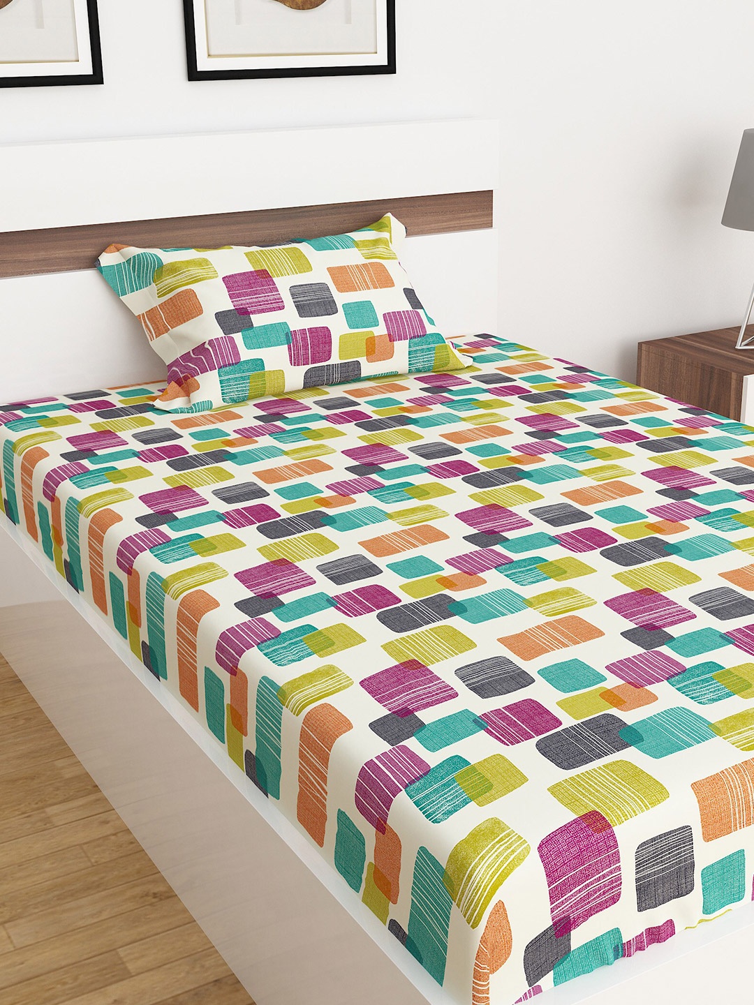 

Home Centre White & Blue Geometric 144 TC Cotton Single Bedsheet with 1 Pillow Cover