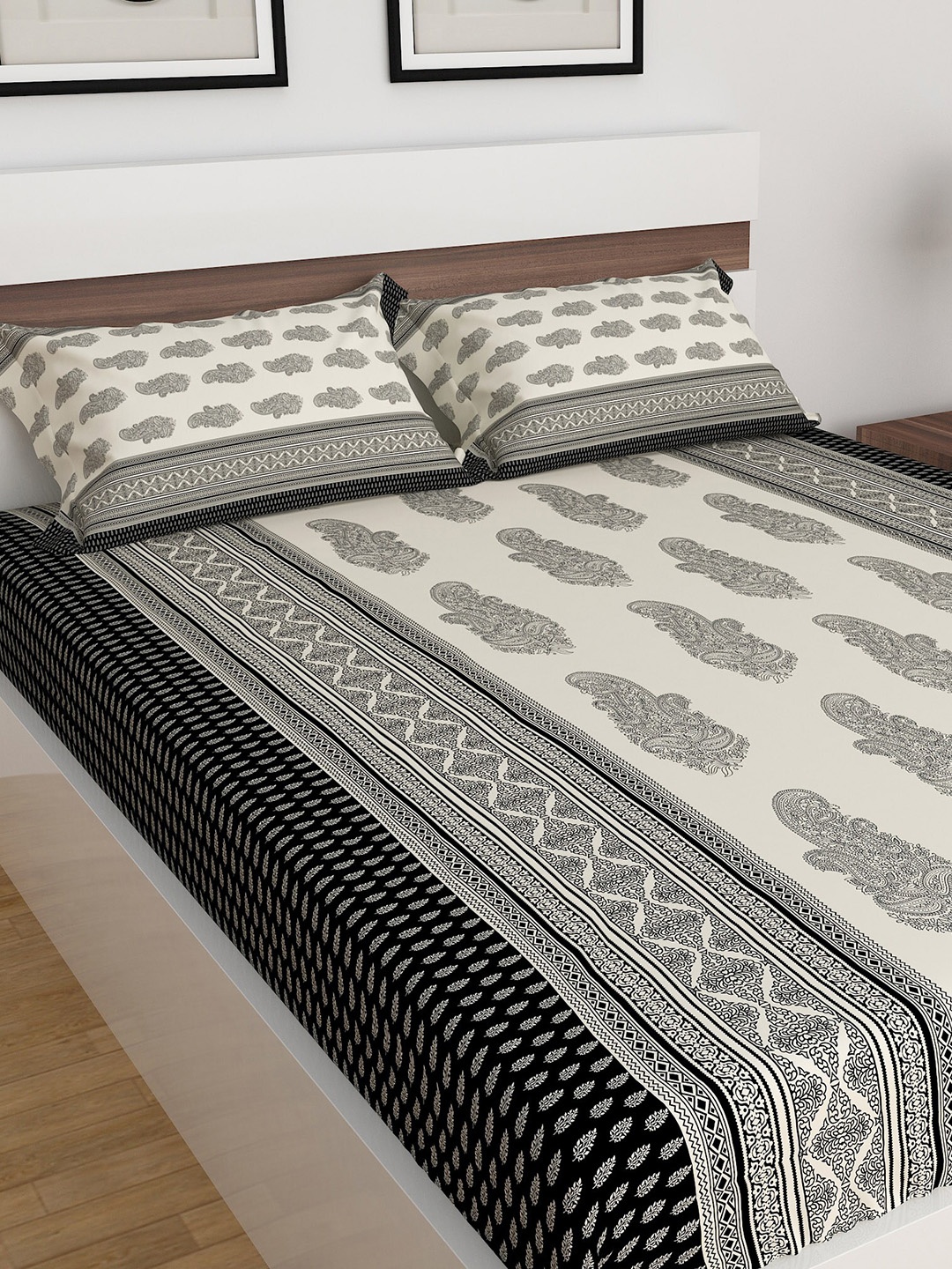 

Home Centre 300 TC Dallas Black Printed Cotton Double Bedsheet with 2 Pillow Covers