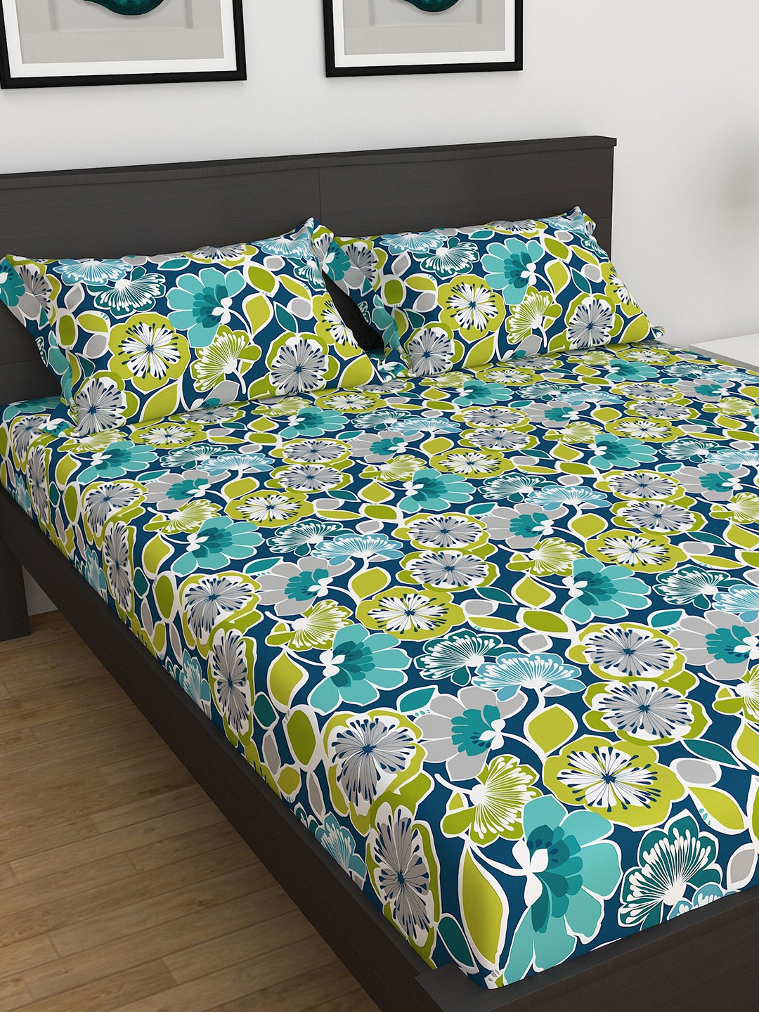 

Home Centre Floral Printed 144 TC King Bedsheet with 2 Pillow Covers, Teal
