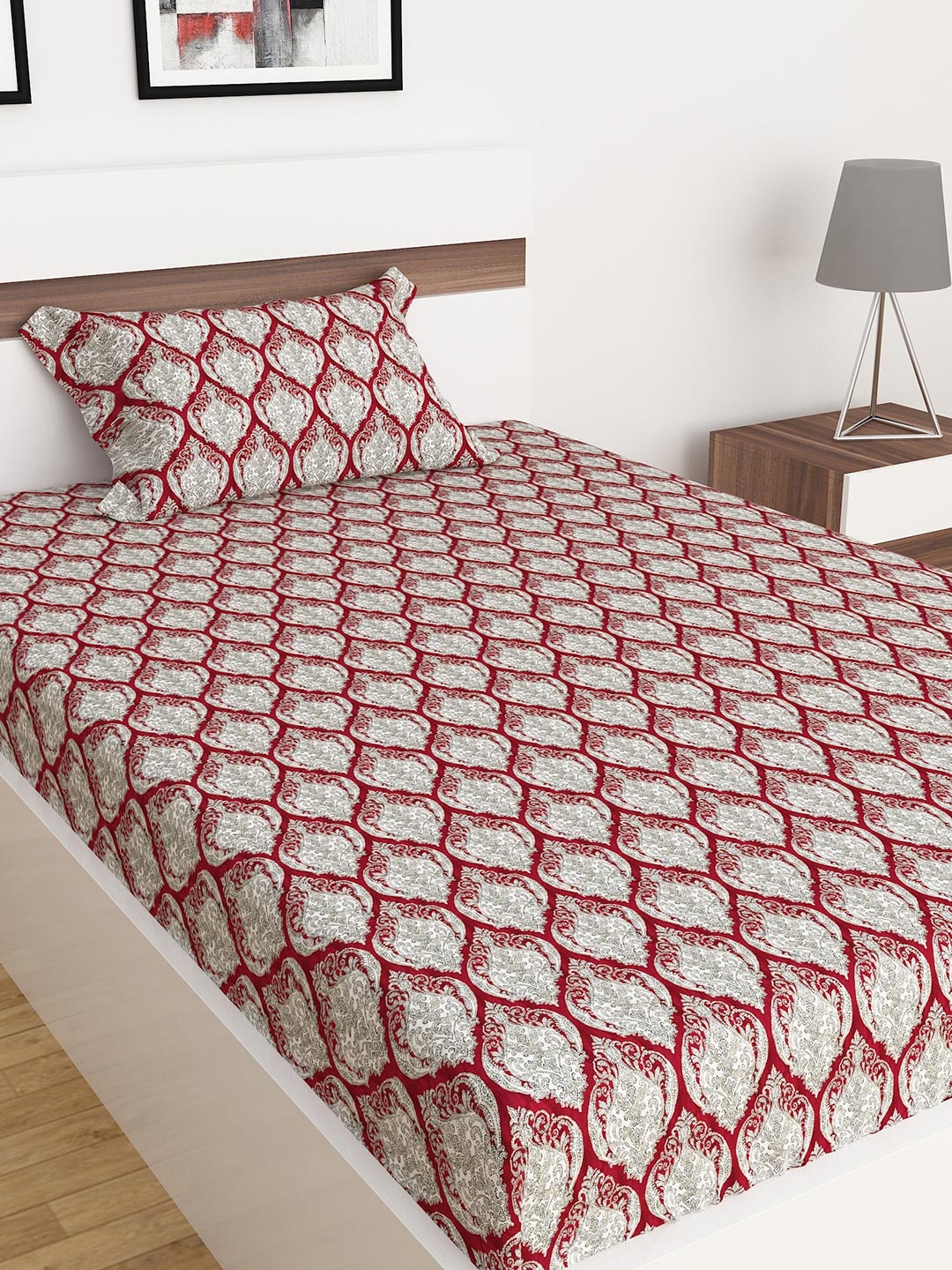 

Home Centre Ethnic Motifs Printed 250 TC Single Bedsheet with 1 Pillow Covers, Red