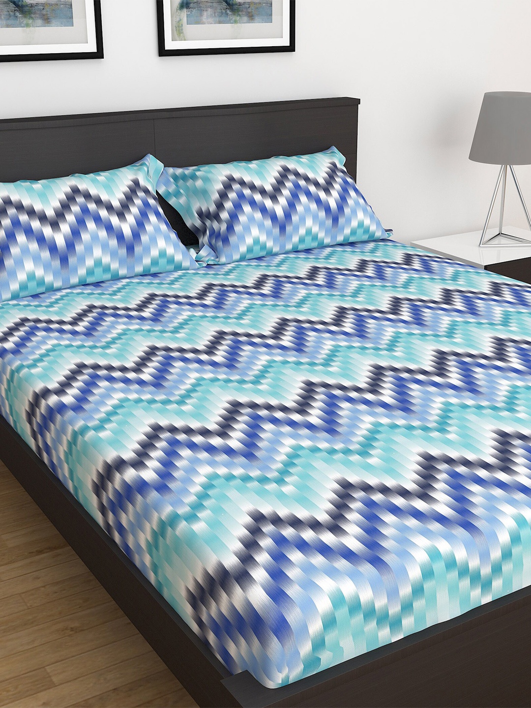 

Home Centre Navy Blue & White 300 TC Cotton King Bedsheet with 2 Pillow Covers