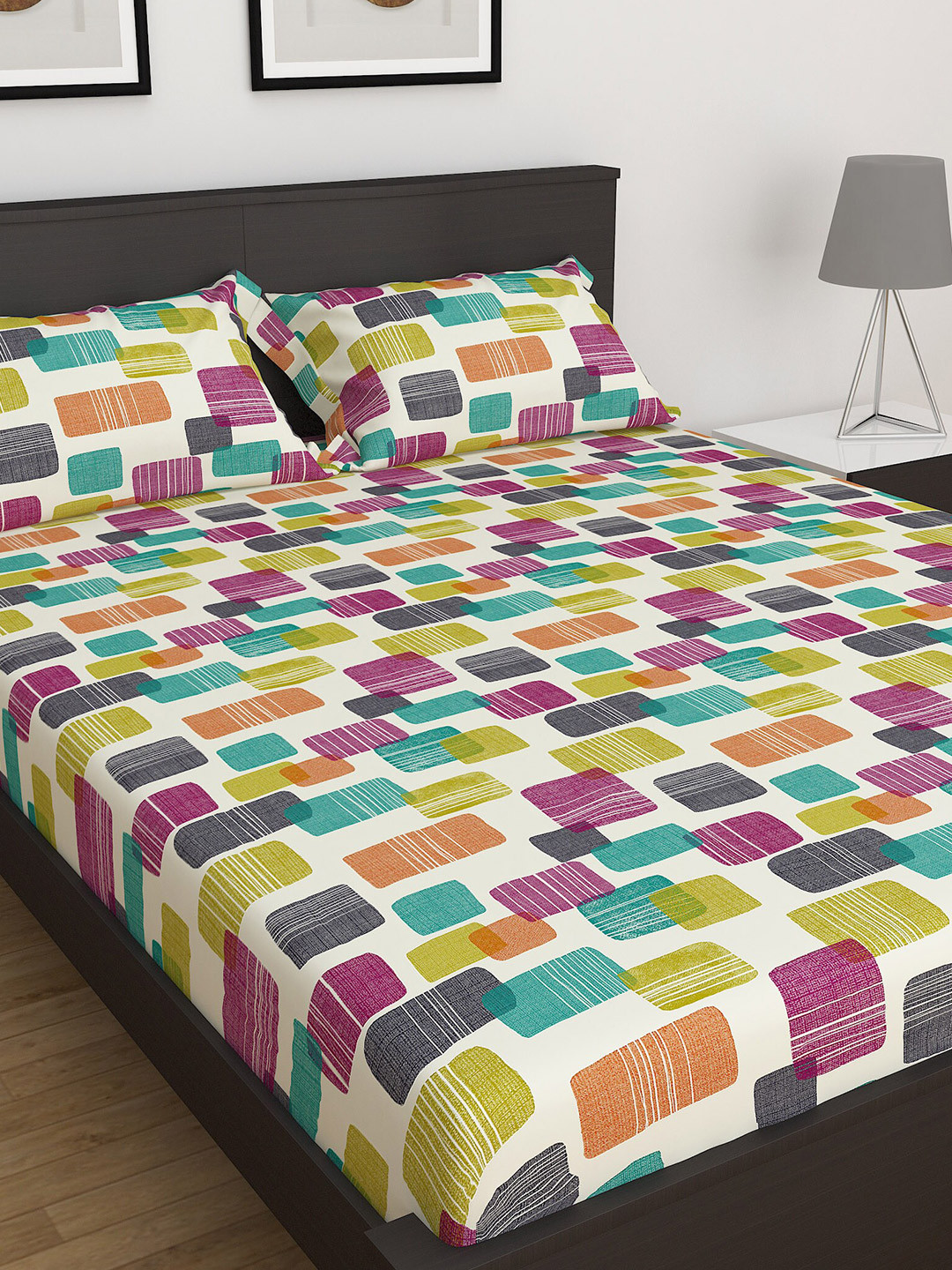 

Home Centre 3Pcs Dallas Multicolour Printed Cotton Double Bedsheet Set, Beige