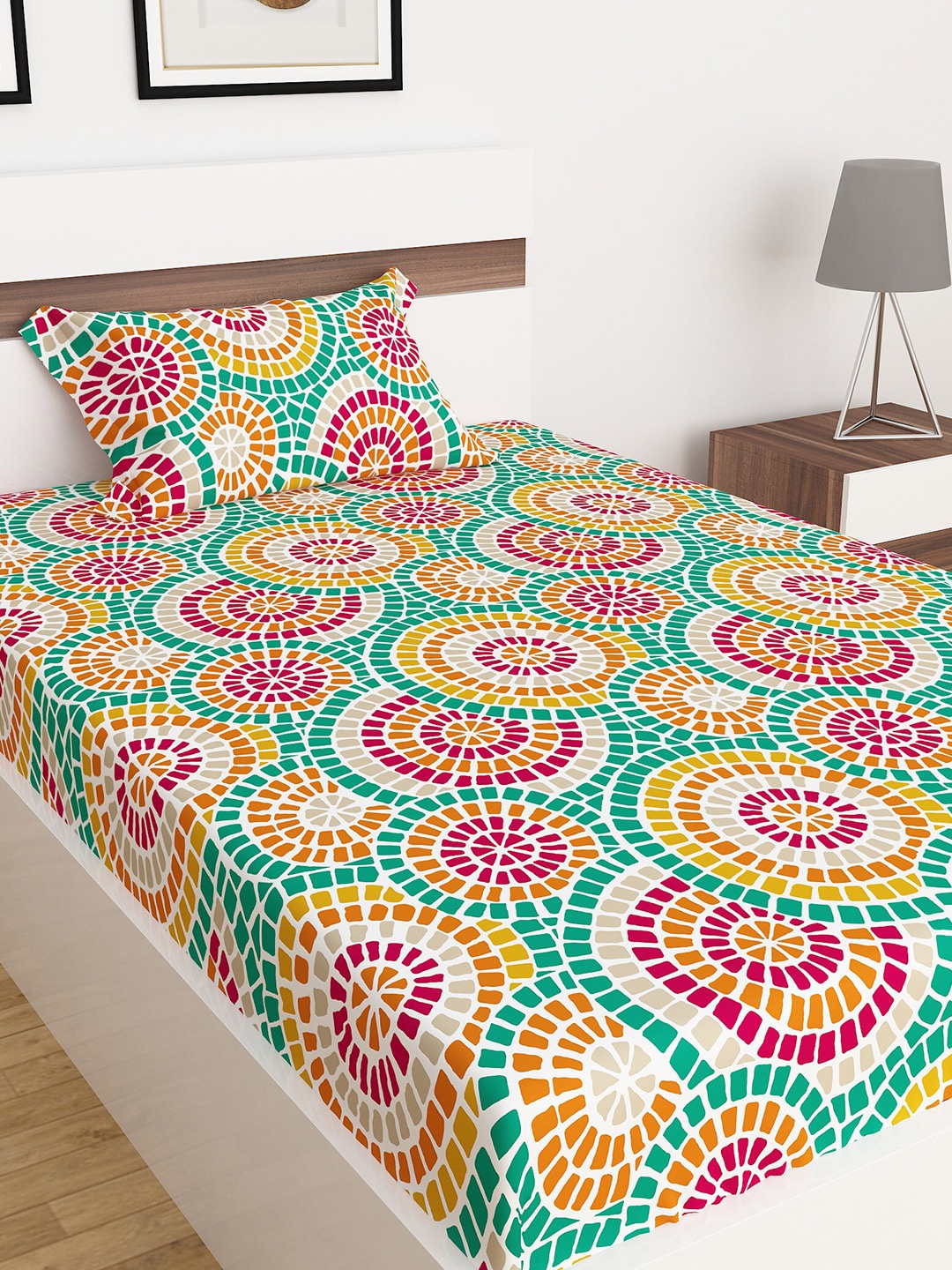 

Home Centre Dallas Multicolour Printed Cotton Single Bedsheet Set, Teal