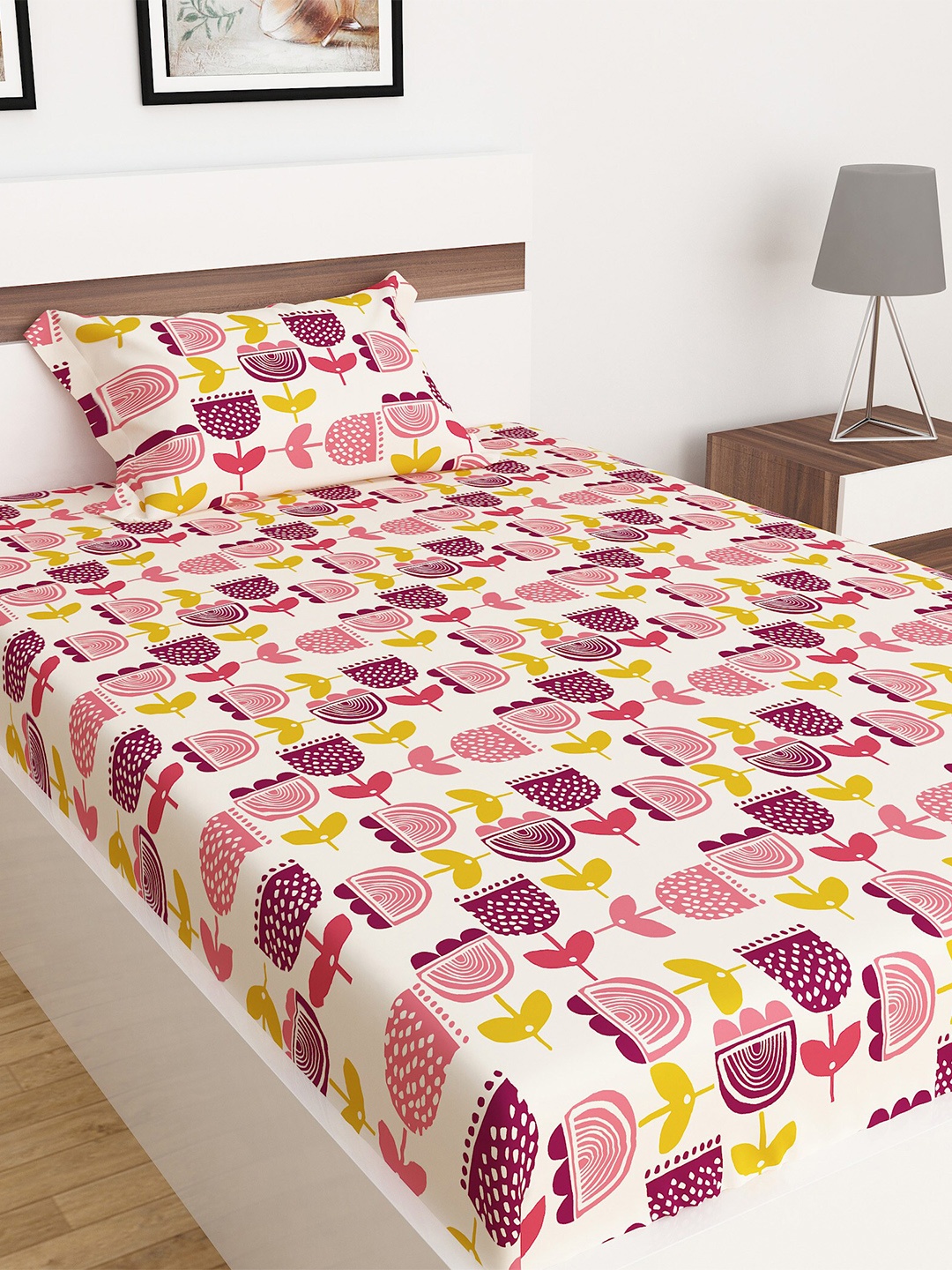 

Home Centre White & Pink Floral 180 TC Cotton Single Bedsheet with 1 Pillow Covers