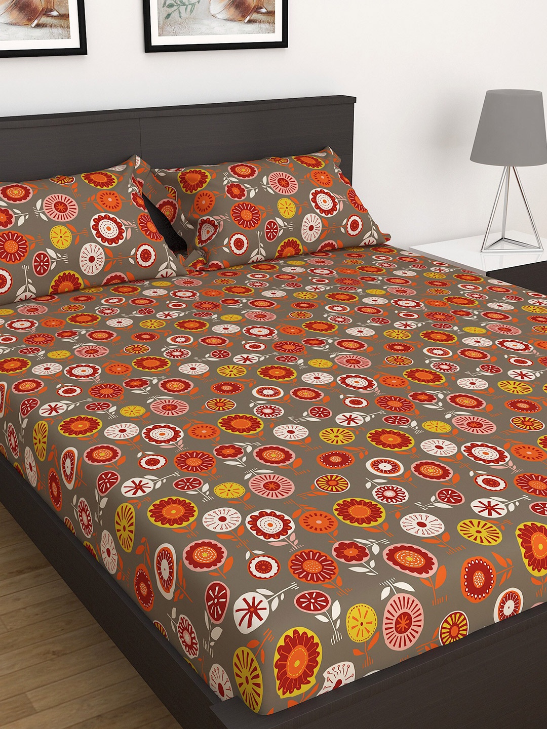 

Home Centre 3Pcs Dallas Multicolour Printed Cotton Double Bedsheet Set, Rust