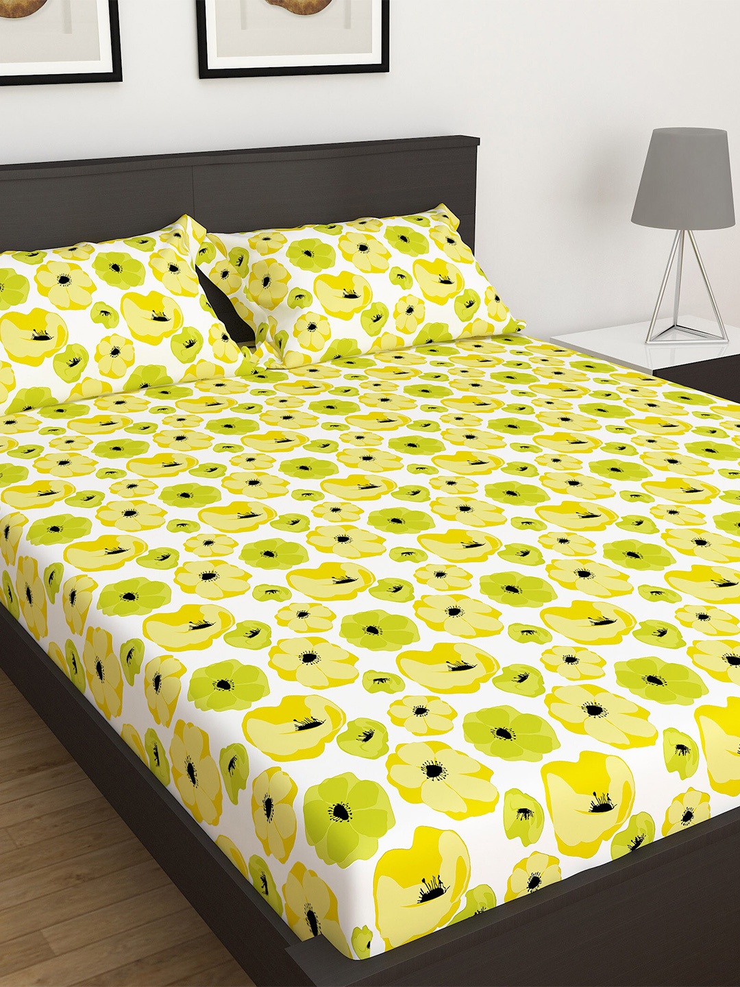 

Home Centre Green & Yellow Floral 144 TC Cotton King Bedsheet with 2 Pillow Covers