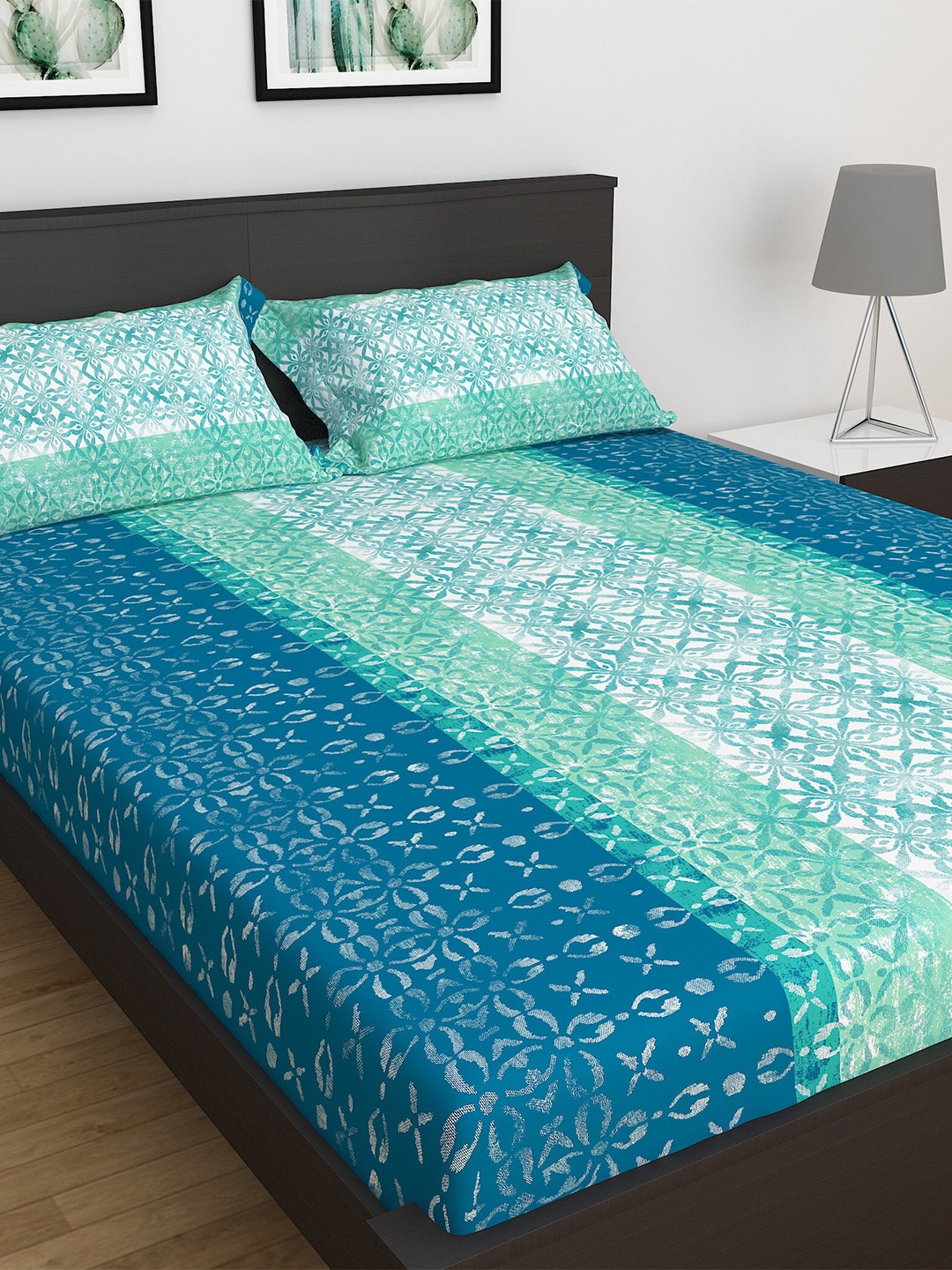 

Home Centre 3Pcs Dallas Blue Printed Cotton Queen Double Bedsheet Set, Teal