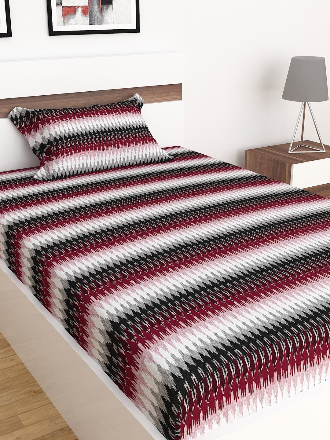 

Home Centre Grey & Maroon Striped 250 TC Cotton Single Bedsheet with 1 Pillow Cover