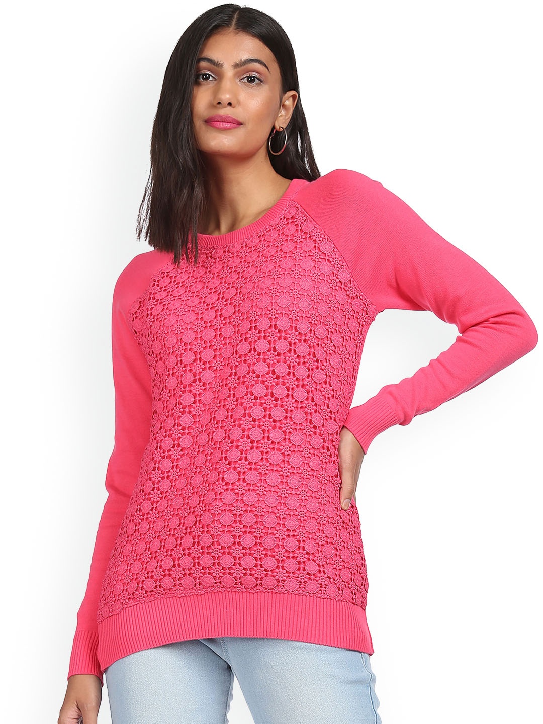 

Sugr Women Fuchsia Round Neck Lace Sweater, Pink