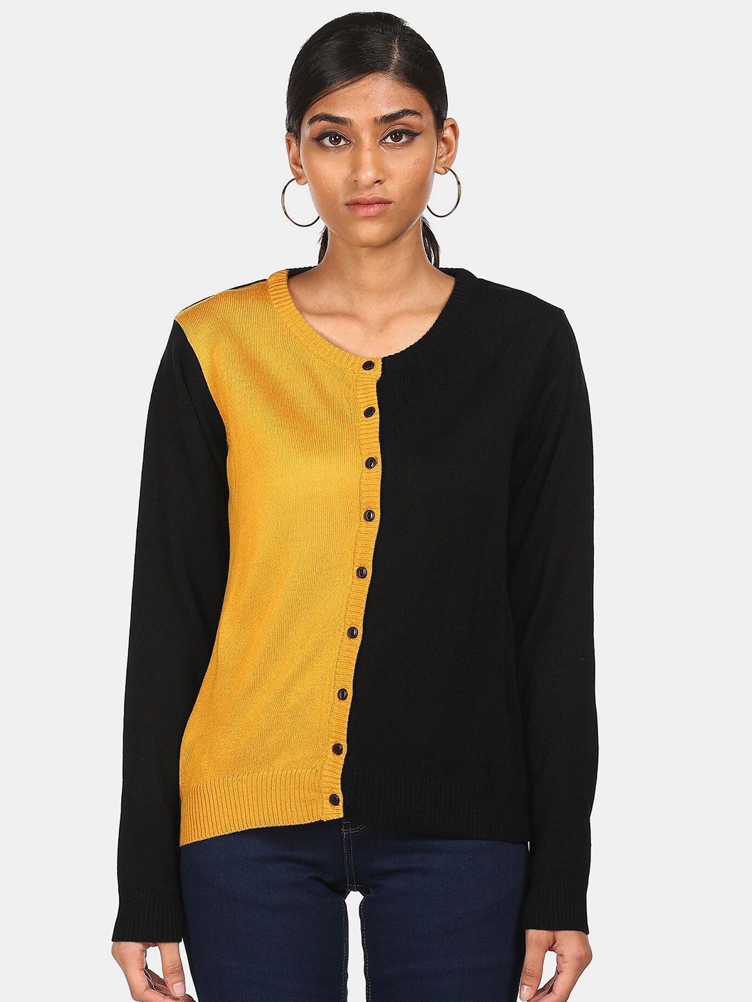 

Sugr Women Yellow & Black Colourblocked Cardigan