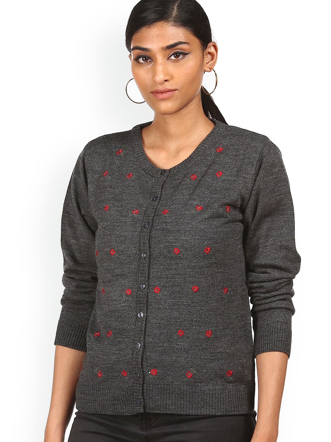

Sugr Women Grey Floral Pure Acrylic Cardigan