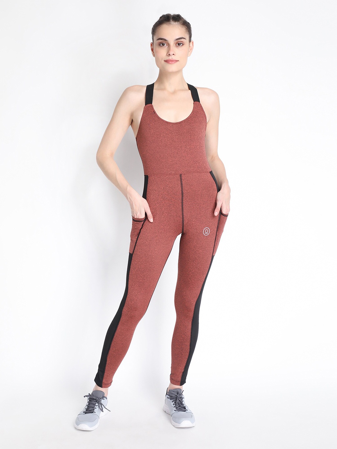 

CHKOKKO Rust & Black One-Piece Yoga Workout Basic Jumpsuit
