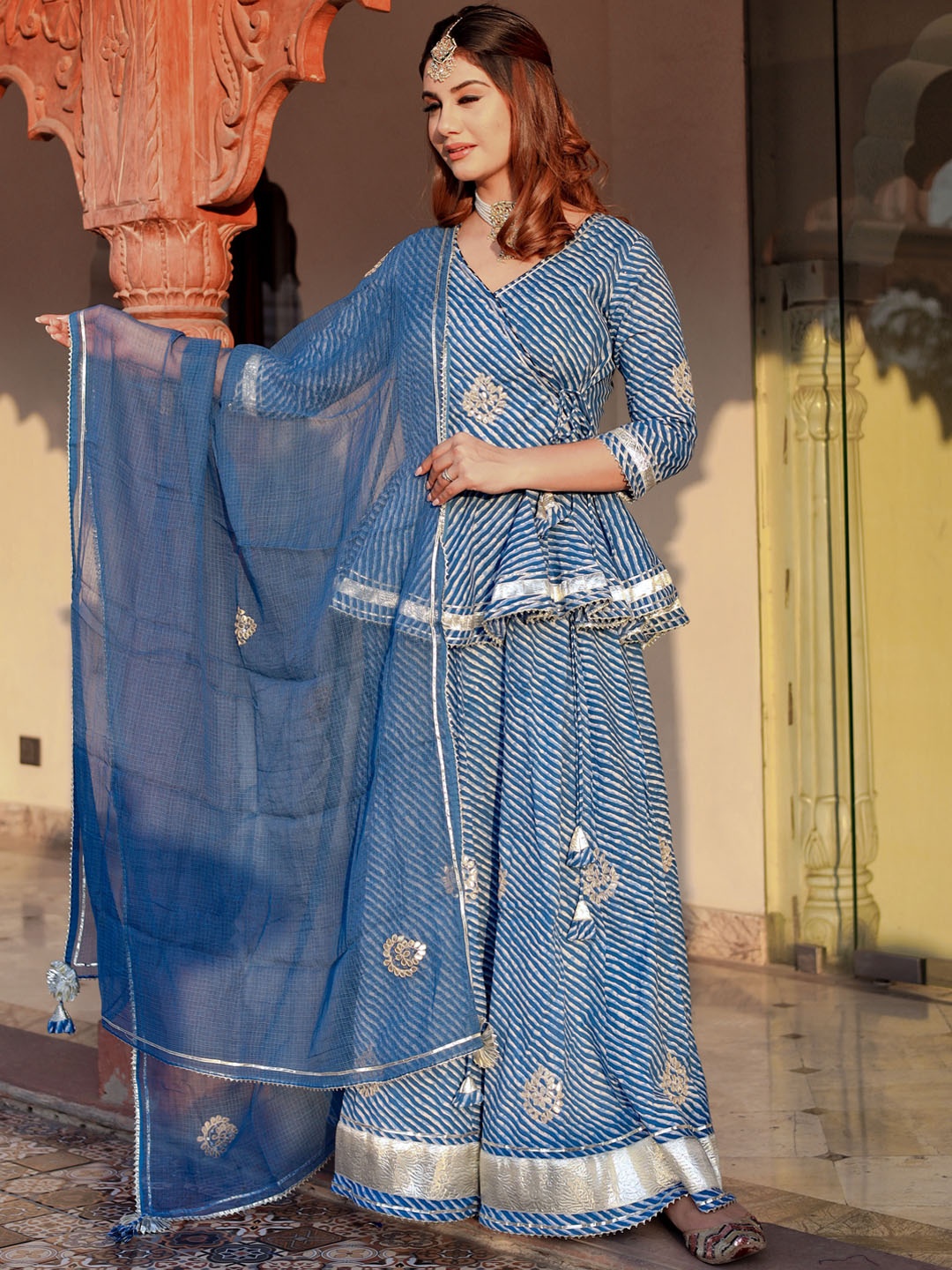 

Divena Women Blue Printed Gotta Patti Lehriya Ready to Wear Lehenga & Blouse With Dupatta