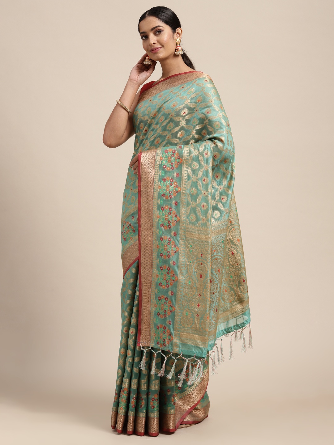 

Mitera Turquoise Blue & Gold-Toned Ethnic Motifs Zari Silk Cotton Banarasi Saree