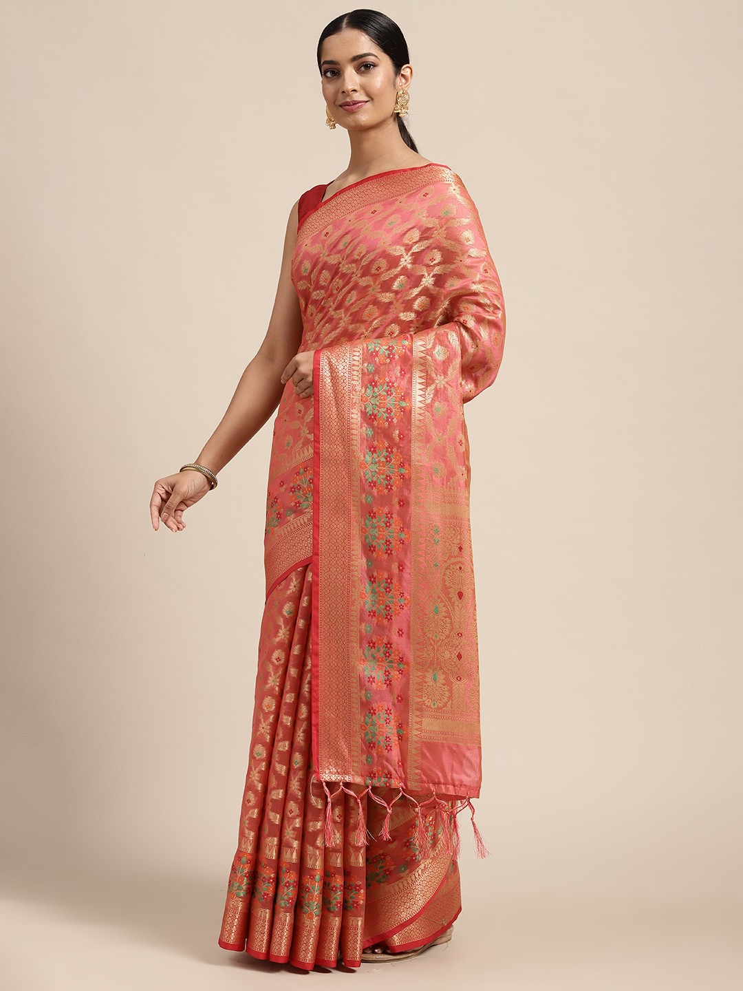 

Mitera Peach-Coloured & Gold-Toned Ethnic Motifs Zari Silk Cotton Banarasi Saree