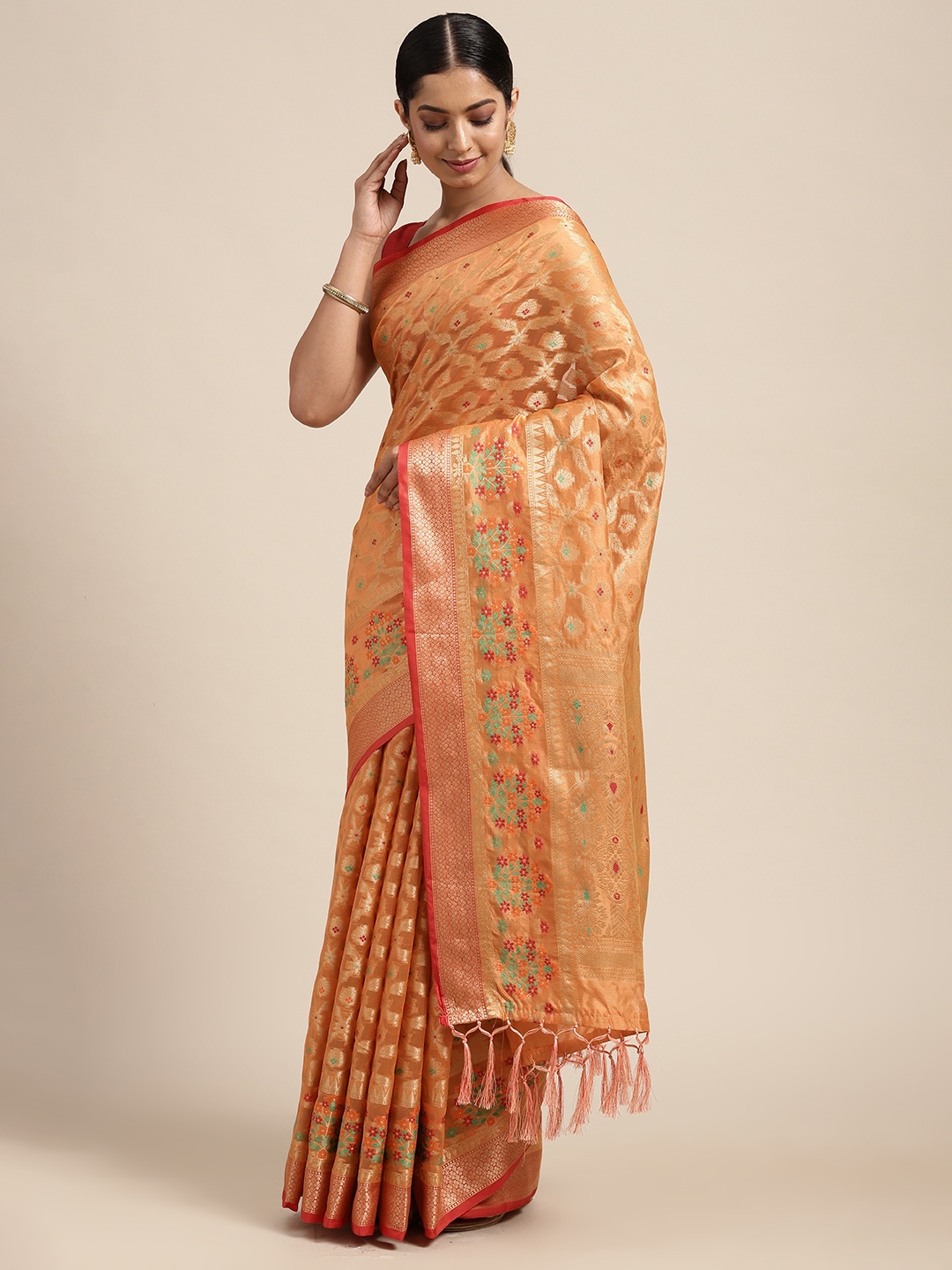 

Mitera Orange & Gold-Toned Ethnic Motifs Zari Silk Cotton Banarasi Saree