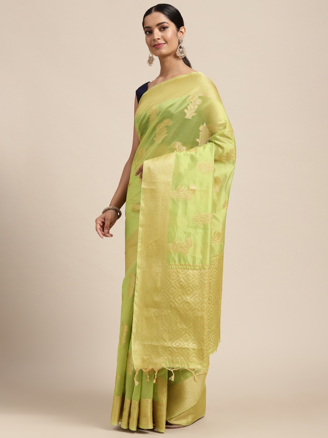 

Mitera Lime Green Woven Design Organza Saree