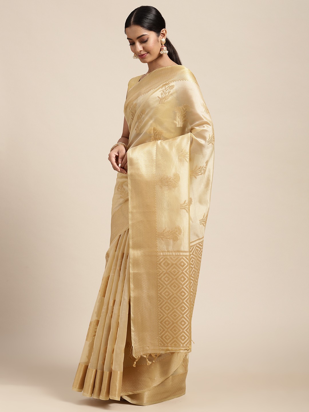 

Mitera Beige Ethnic Motifs Organza Saree