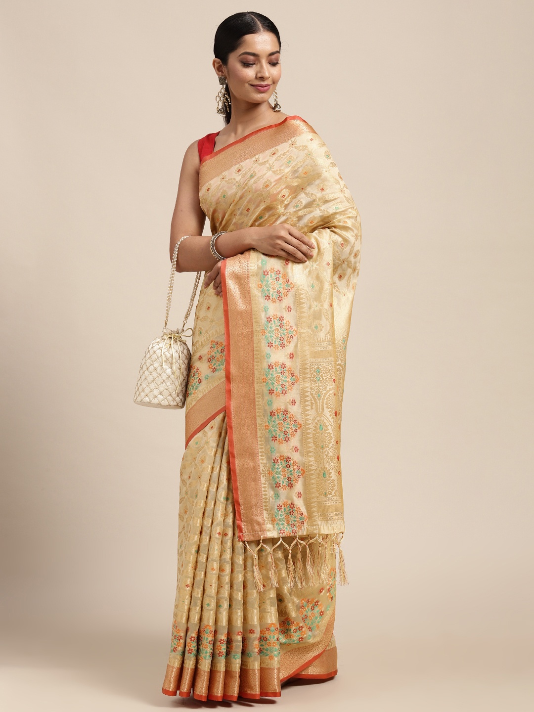 

Mitera Beige Woven Design Silk Cotton Banarasi Saree