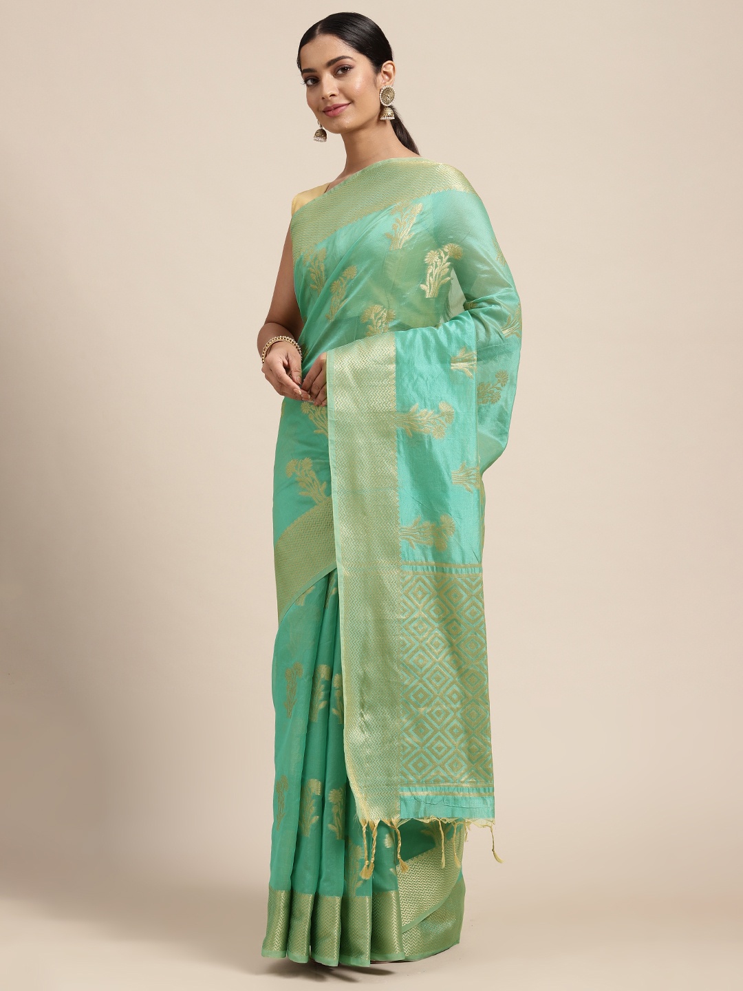 

Mitera Sea Green & Gold-Toned Ethnic Motifs Zari Organza Saree