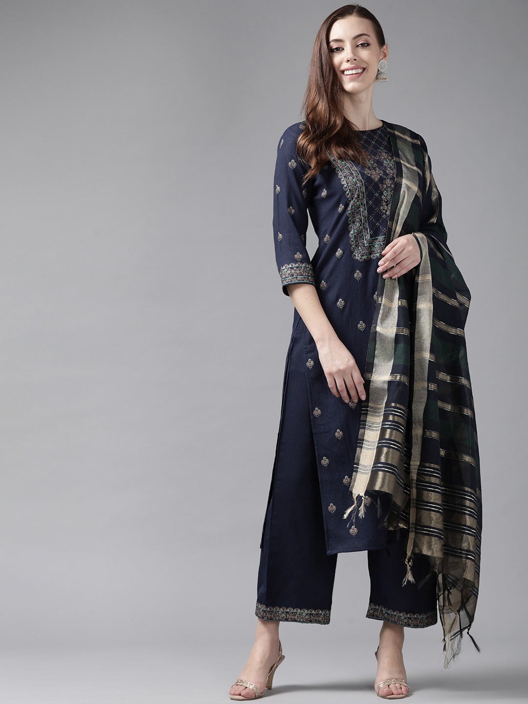 

Indo Era Women Navy Blue Ethnic Motifs Printed Kurta with Palazzos & Dupatta