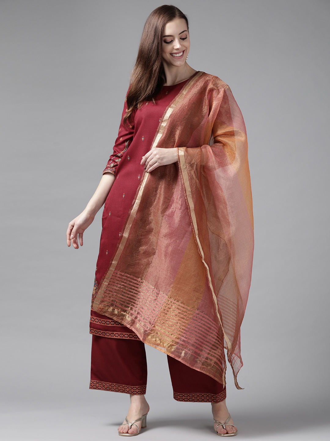 

Indo Era Women Maroon Foil Printed Kurta with Palazzos & Dupatta