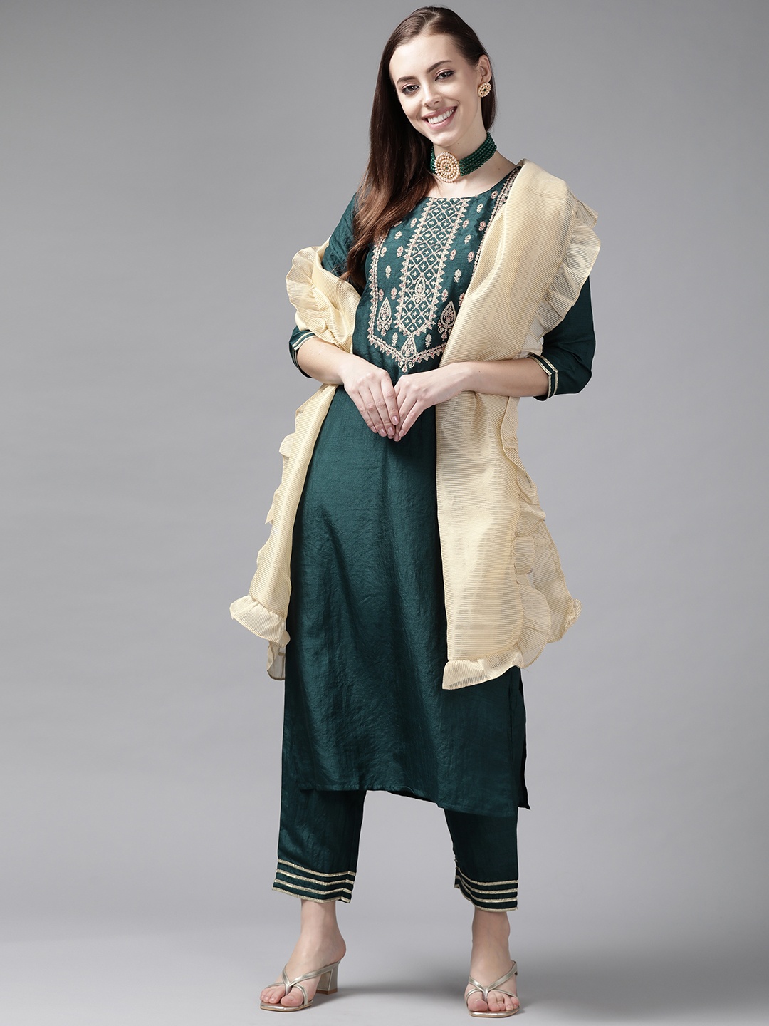 

Indo Era Women Teal Yoke Design Thread Work Kurta with Trousers & Dupatta