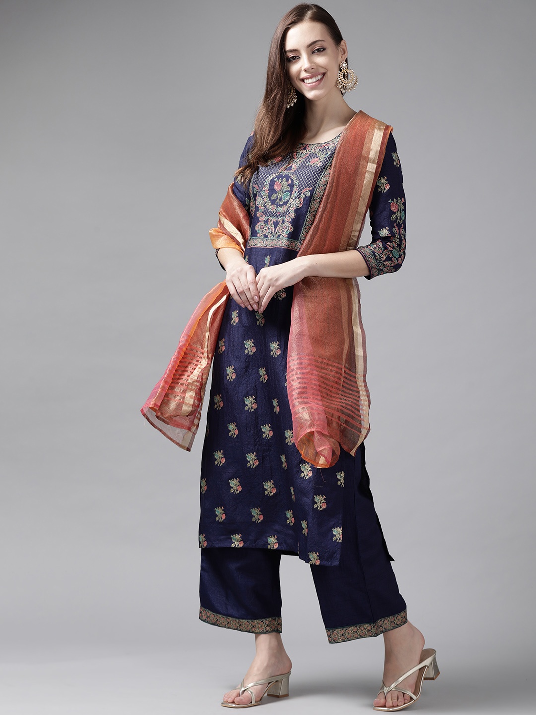 

Indo Era Women Navy Blue Ethnic Motifs Printed Kurta with Palazzos & With Dupatta