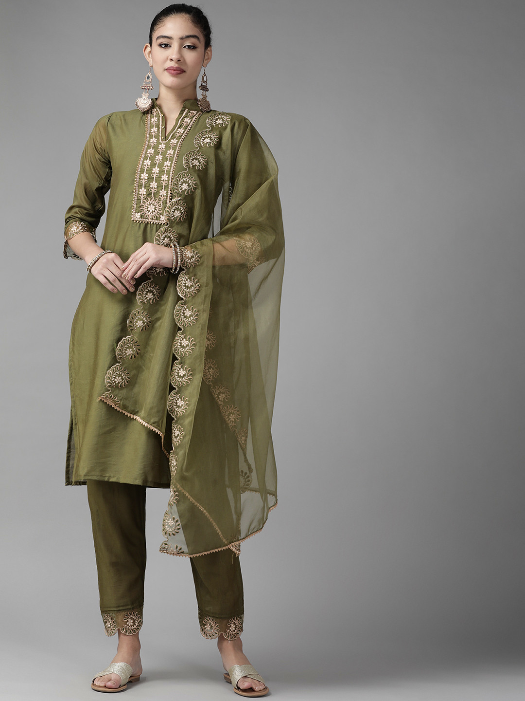 

Indo Era Women Olive Green Yoke Design Gotta Patti Kurta with Trousers & Dupatta