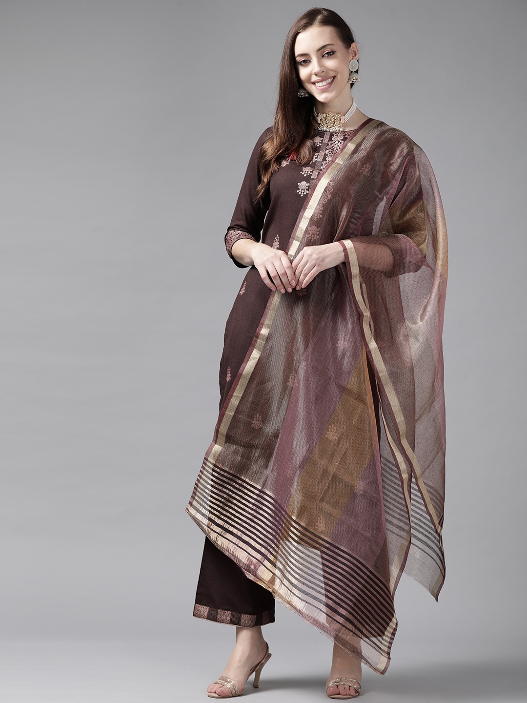 

Indo Era Women Brown Embroidered Kurta with Palazzos & Dupatta