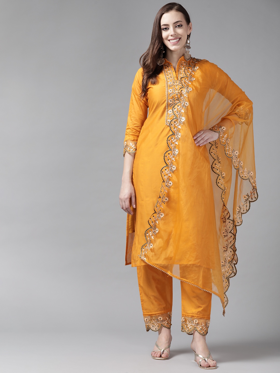 

Indo Era Women Mustard Yellow Yoke Design Gotta Patti Kurta with Trousers & Dupatta