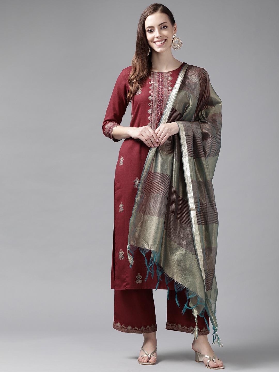 

Indo Era Women Maroon Ethnic Motifs Printed Kurta with Palazzos & Dupatta