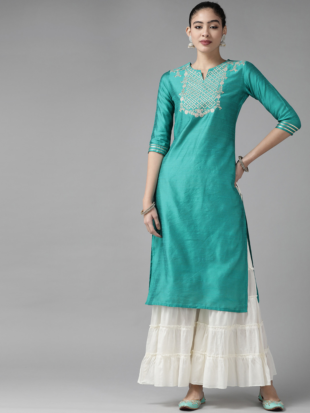 

Indo Era Women Sea Green Floral Yoke Design Chanderi Silk Kurta