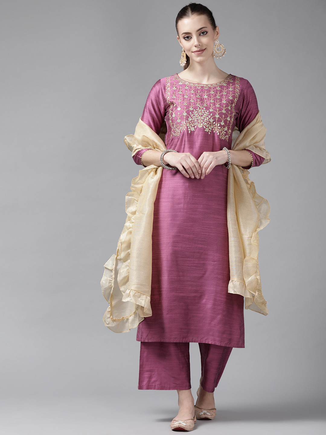 

Indo Era Women Pink & Golden Ethnic Motifs Yoke Design Kurta with Palazzos & With Dupatta