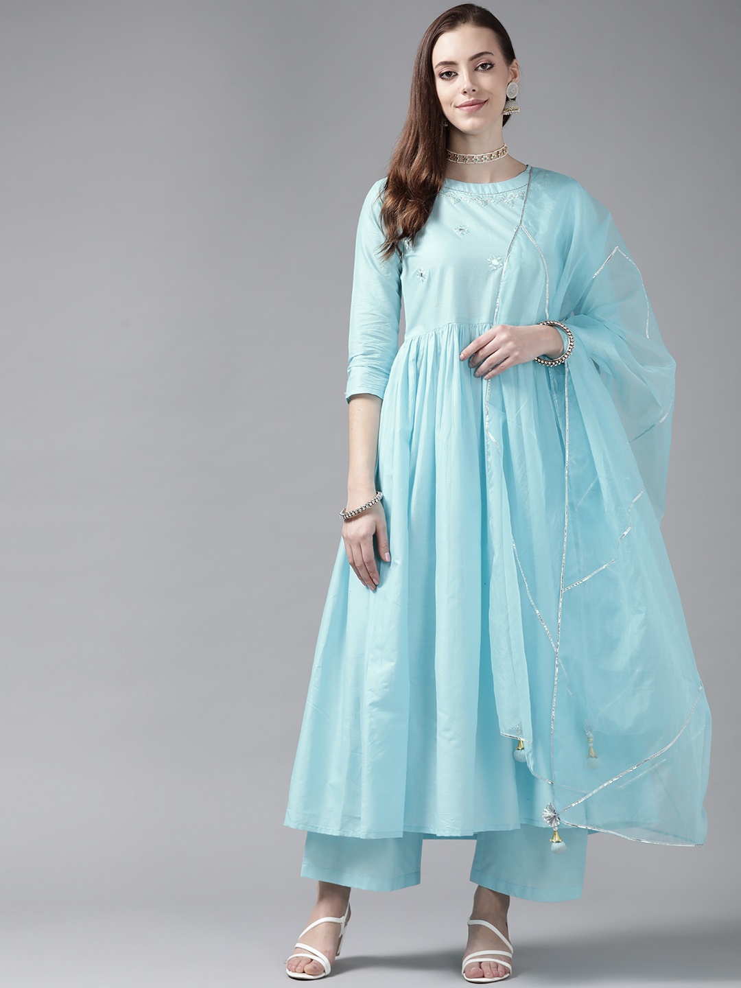 

Indo Era Women Blue Floral Embroidered Empire Kurta with Palazzo & With Dupatta