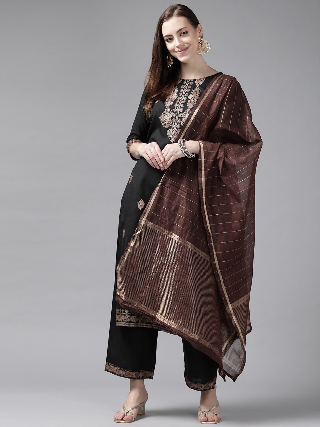 

Indo Era Women Black Foil Print Kurta with Palazzos & Dupatta