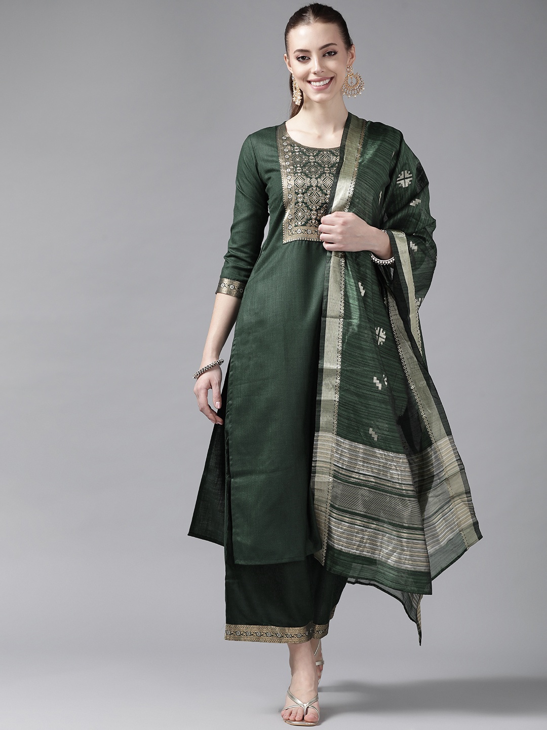 

Indo Era Women Green & Golden Ethnic Motifs Yoke Design Kurta with Palazzos & With Dupatta