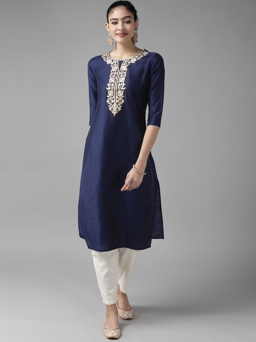 

Indo Era Women Navy Blue Ethnic Motifs Yoke Design Kurta