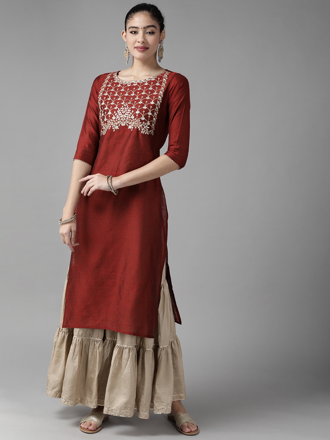

Indo Era Women Maroon Ethnic Motifs Yoke Design Kurta