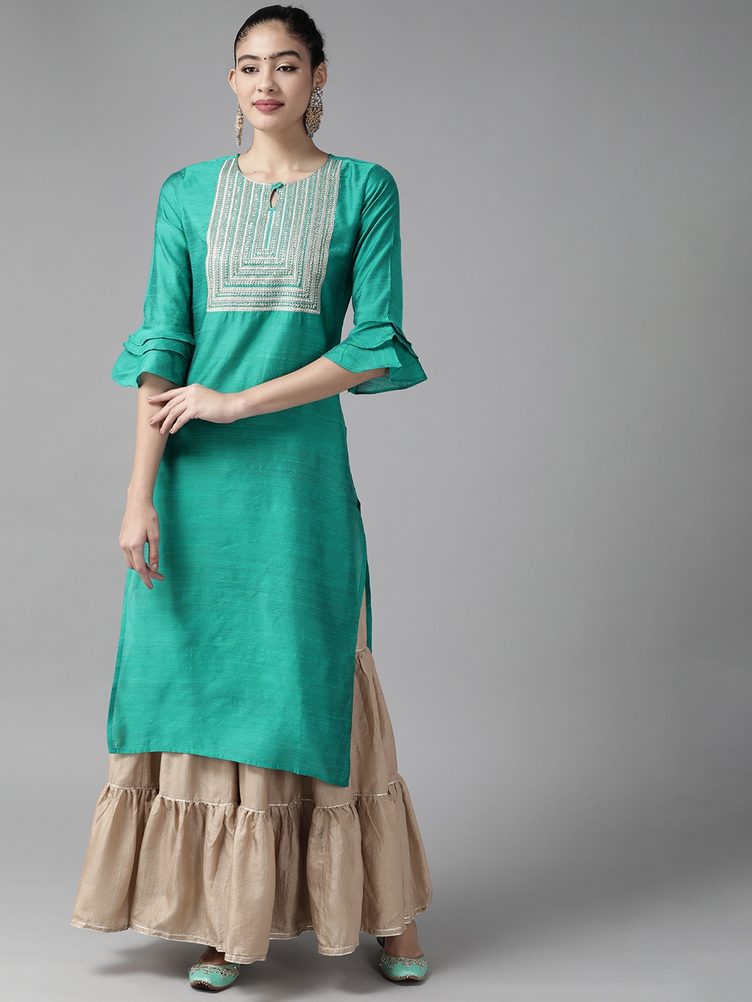 

Indo Era Women Sea Green Yoke Design Keyhole Neck Chanderi Silk Kurta