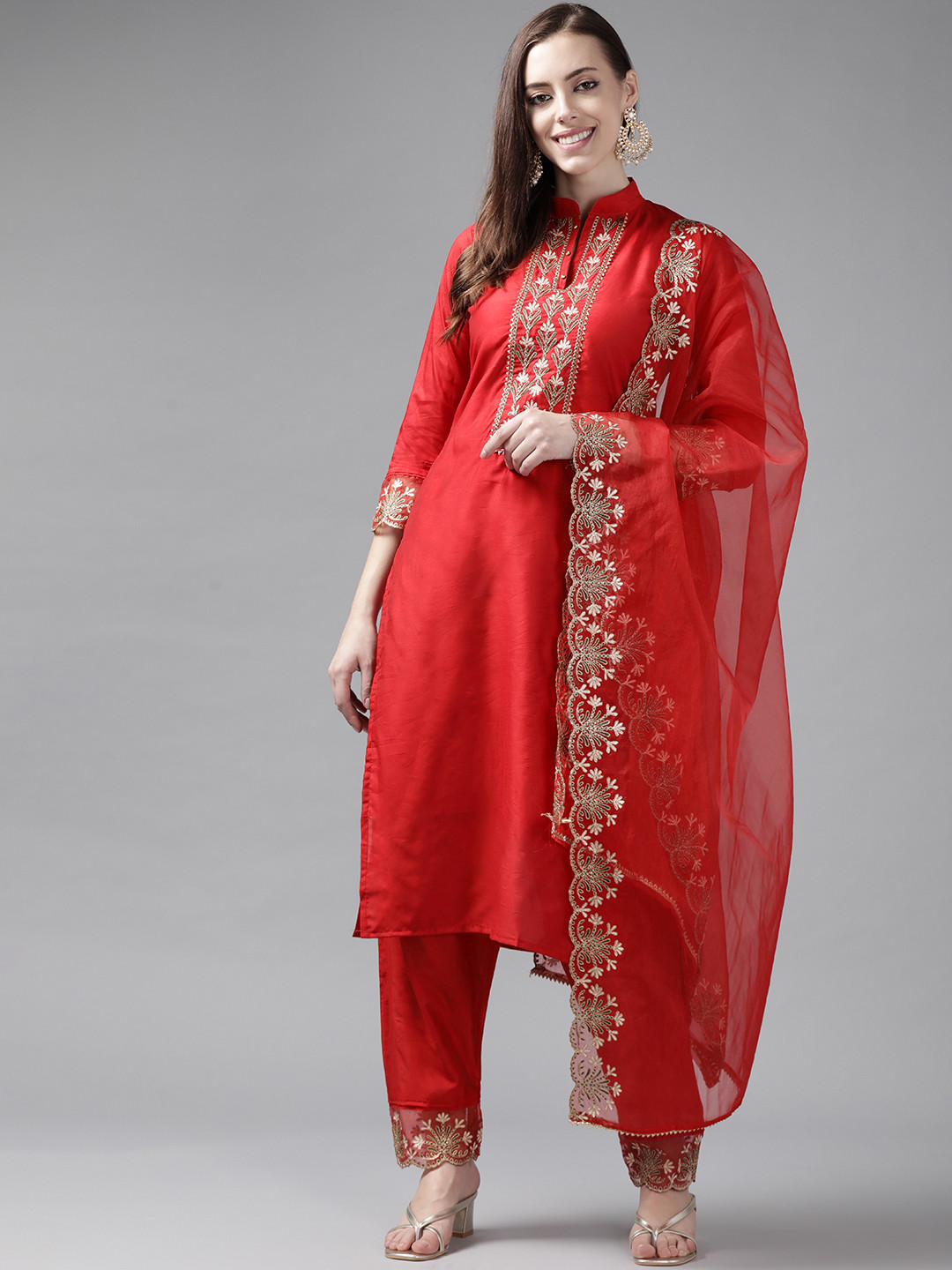 

Indo Era Women Red Yoke Design Gotta Patti Kurta with Trousers & Dupatta