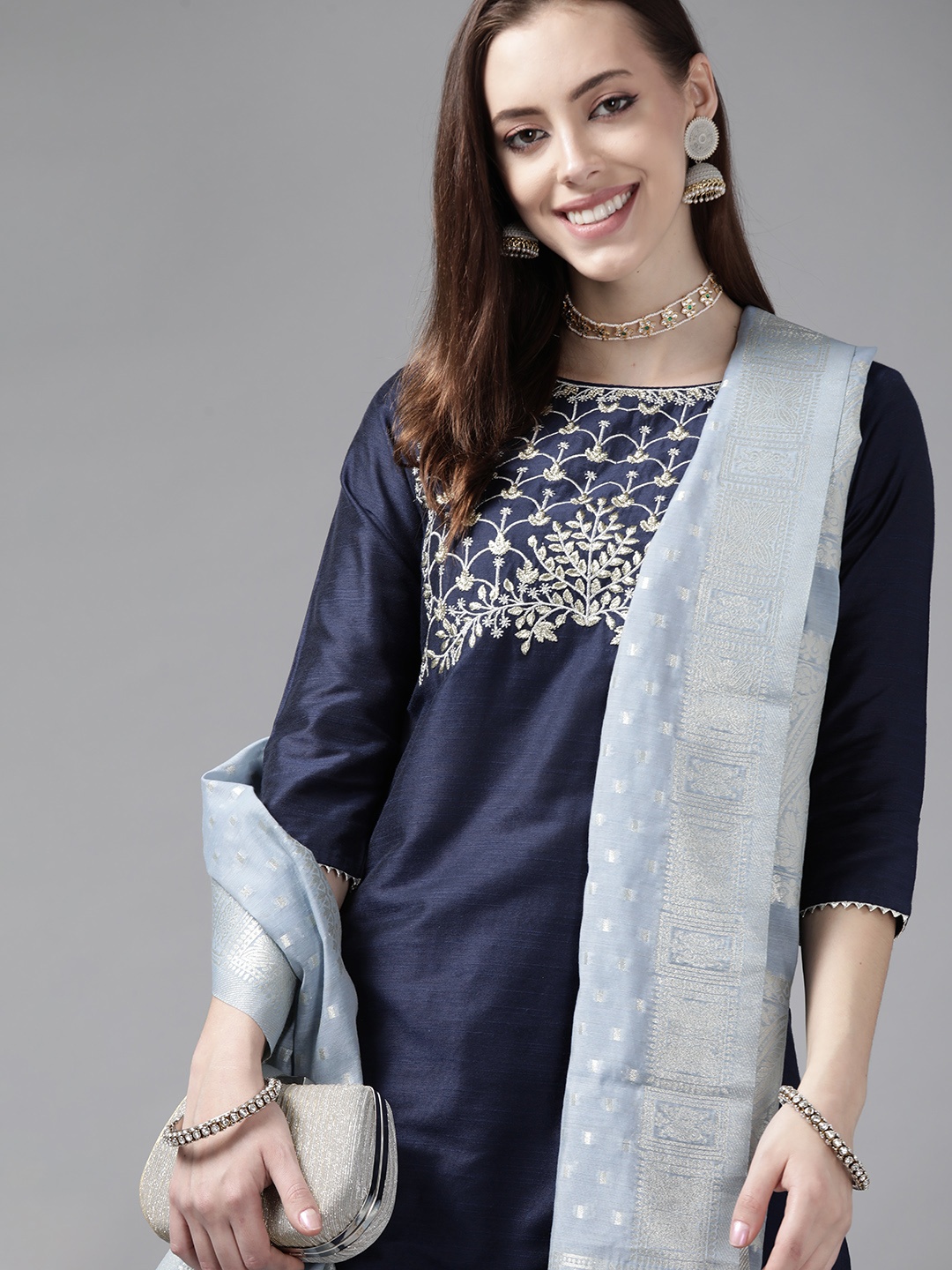 

Indo Era Women Navy Blue Embroidered Chanderi Silk Kurta with Palazzos & Dupatta