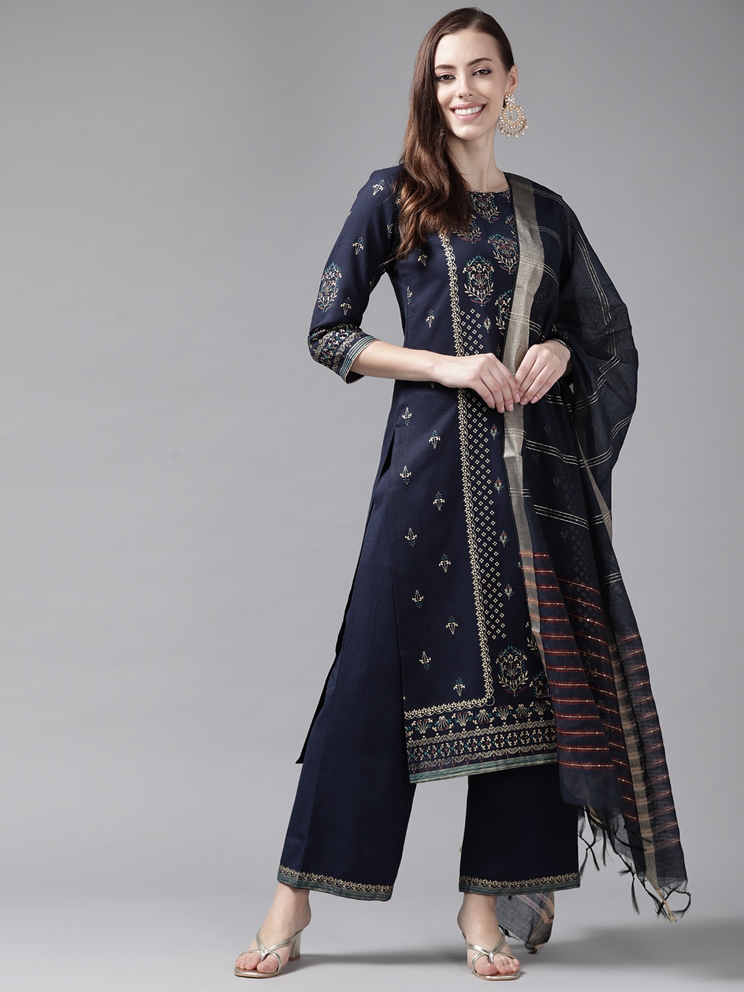 

Indo Era Women Navy Blue Ethnic Motifs Printed Kurta with Palazzos & Dupatta