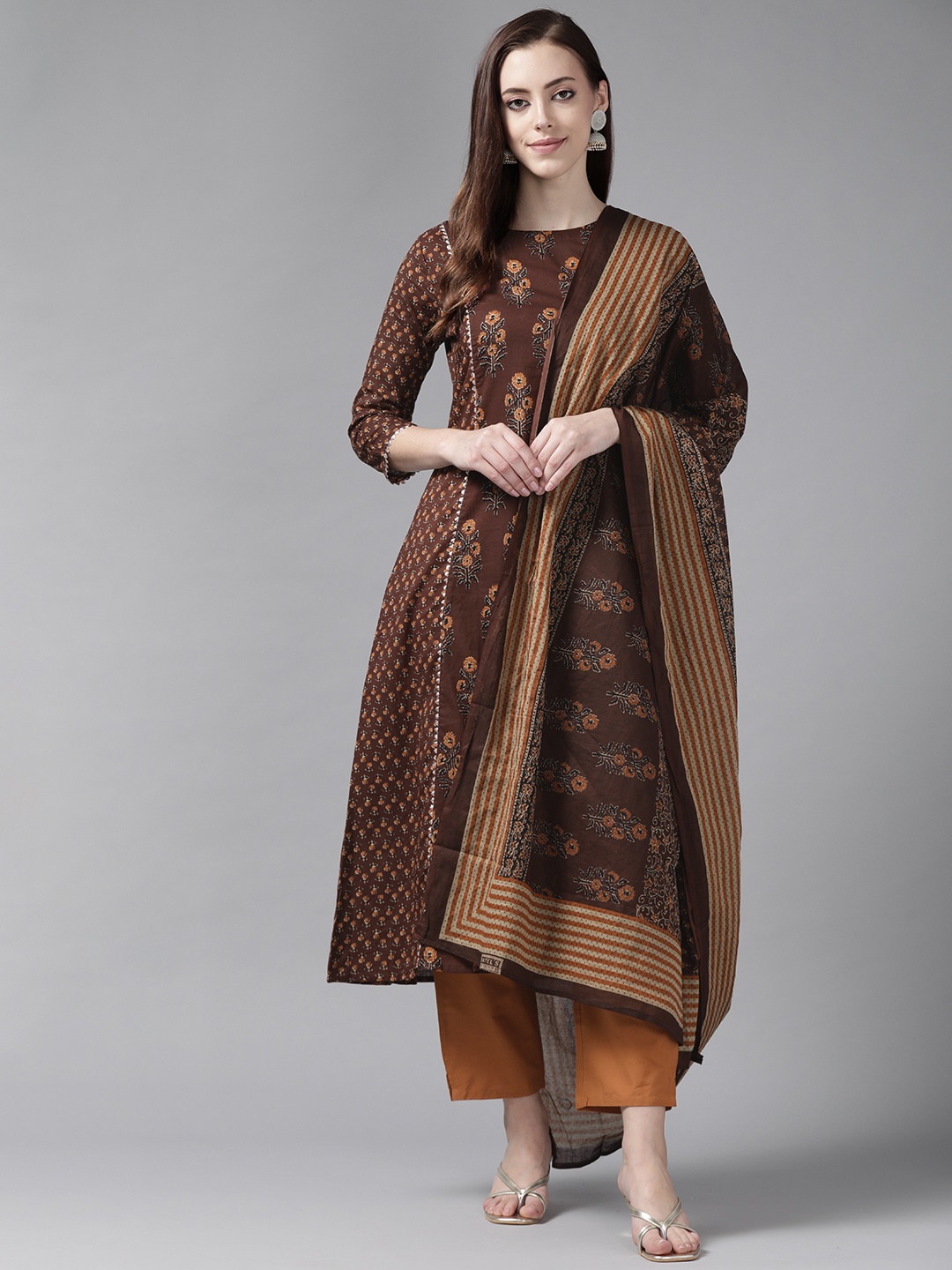 

Indo Era Women Brown Ethnic Motifs Printed Kurta with Trousers & Dupatta