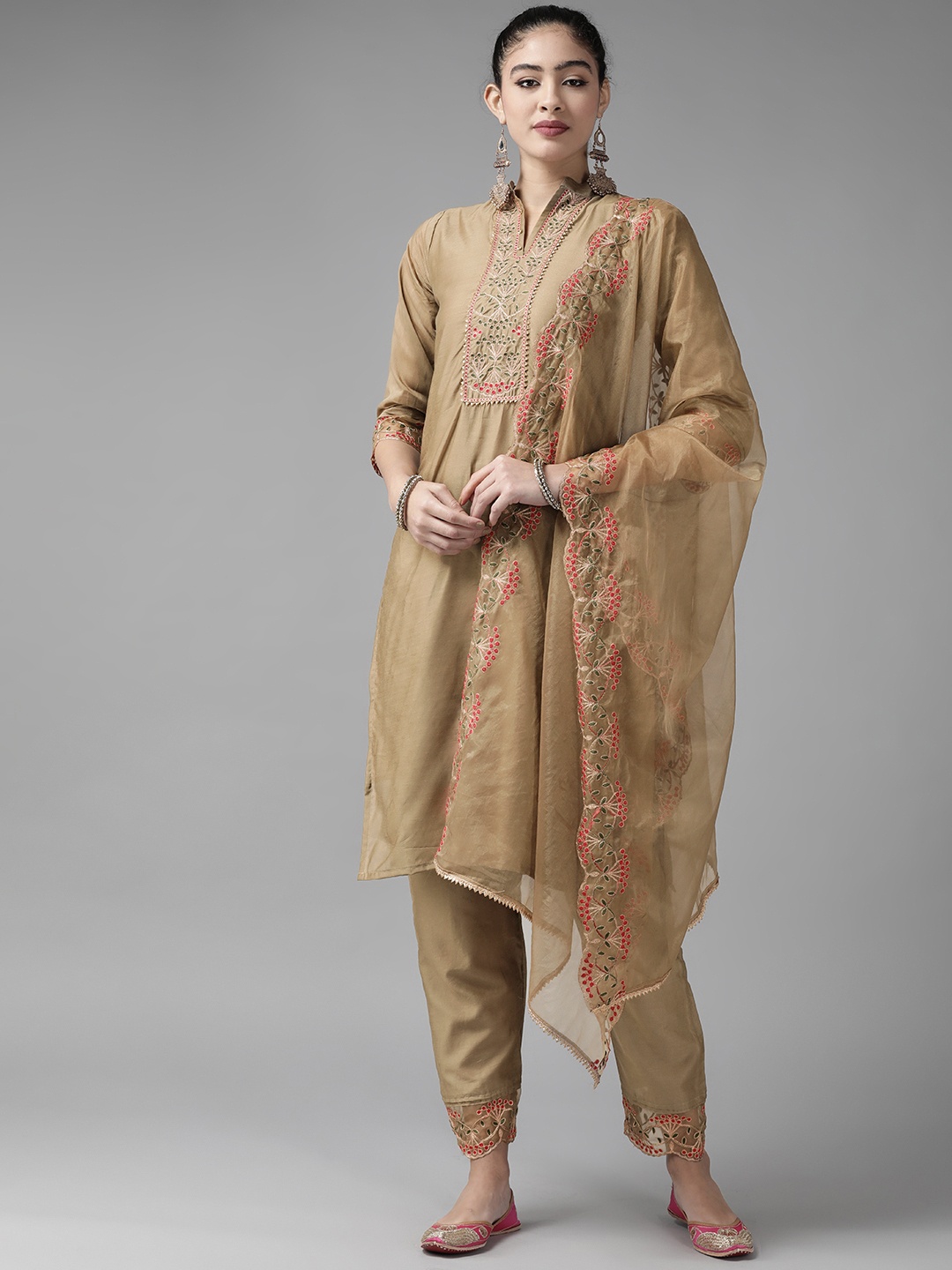 

Indo Era Women Beige Ethnic Motifs Embroidered Kurta with Trousers & Dupatta