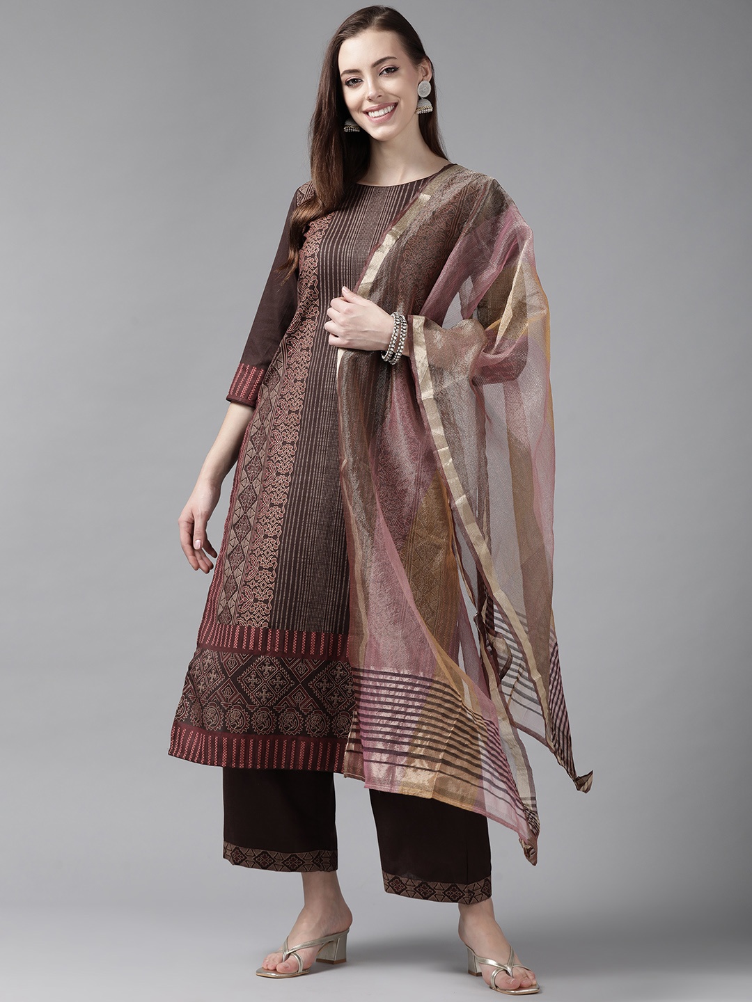 

Indo Era Women Brown & Maroon Ethnic Motifs Printed Kurta with Palazzos & With Dupatta