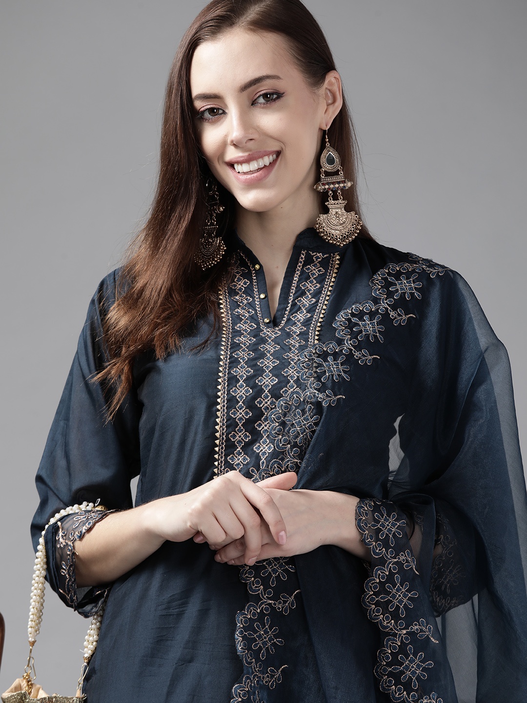 

Indo Era Women Navy Blue Yoke Design Gotta Patti Kurta with Trousers & Dupatta