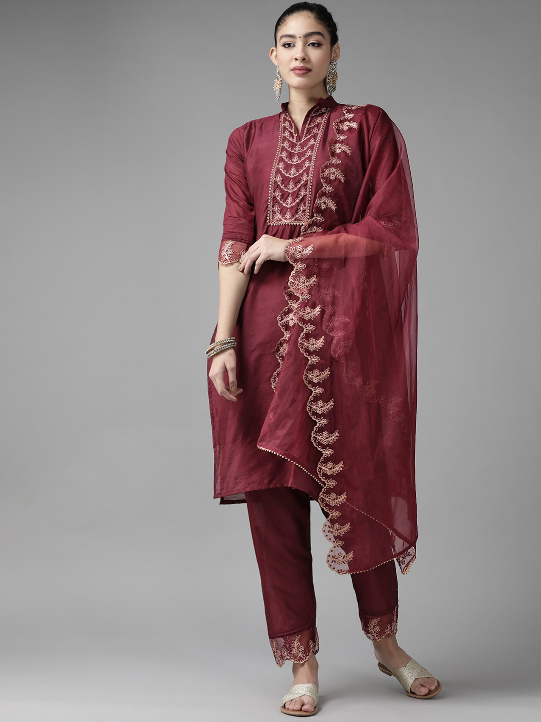 

Indo Era Women Maroon Yoke Design Gotta Patti Kurta with Trousers & Dupatta